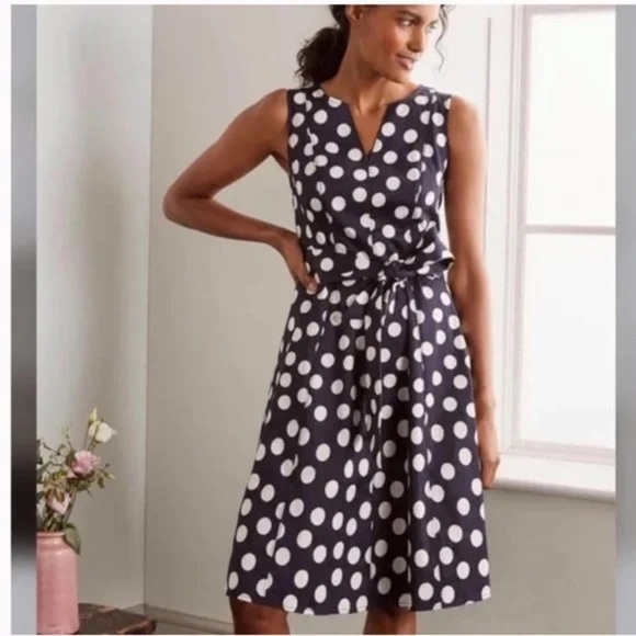 Boden Dress Women's 4 US Navy Polka Dot Belted A-Line Soft Cotton Pockets NWT - Picture 5 of 12